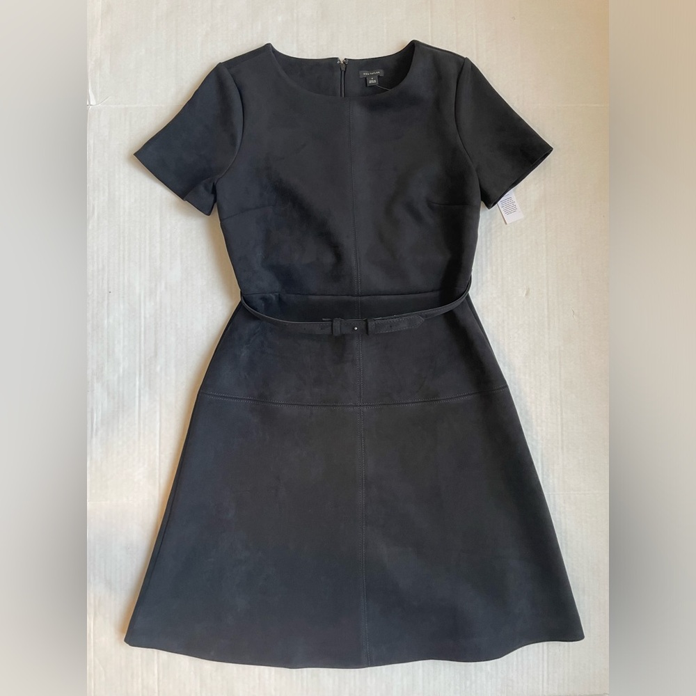 NWT Ann Taylor Black Faux Suede Belted A-Line Dress Short Sleeve Sz 6 Office